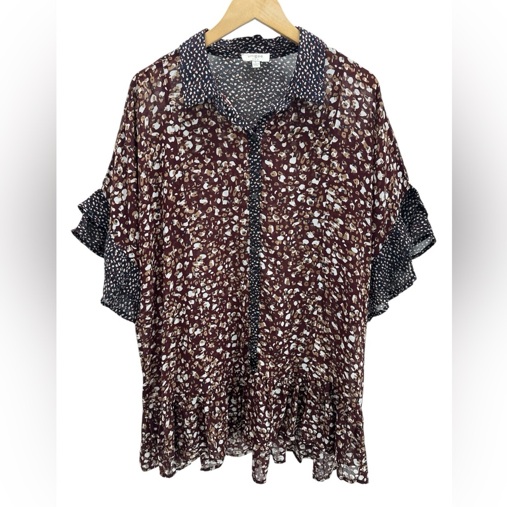 Umgee Office Dressy Casual Metallic Leopard Print Semi Sheer Tunic Blouse Top L